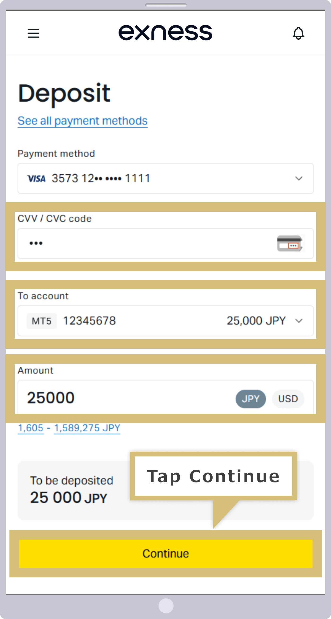 入金に利用するカードの選択