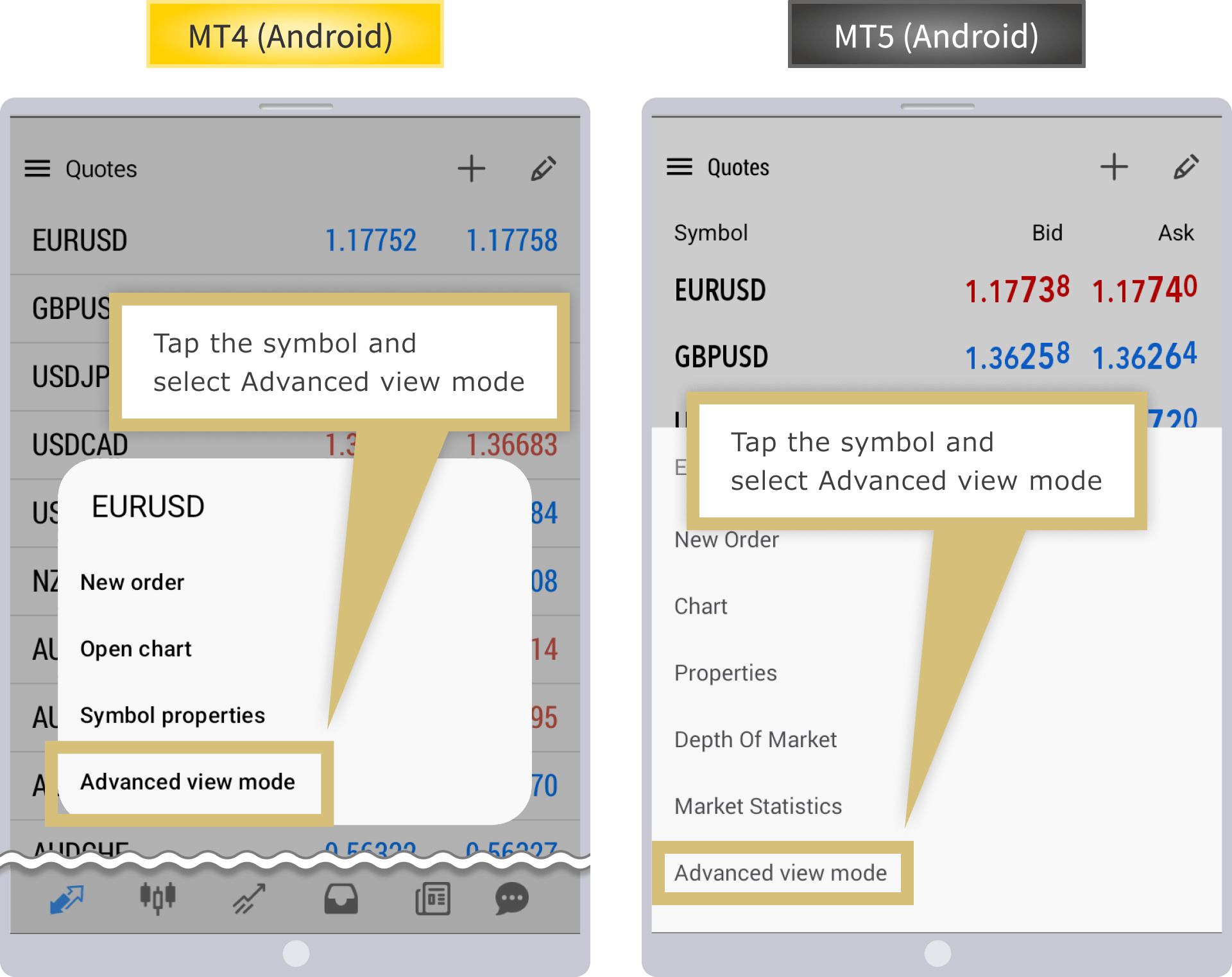 MT4/MT5Android詳細モード切替画面