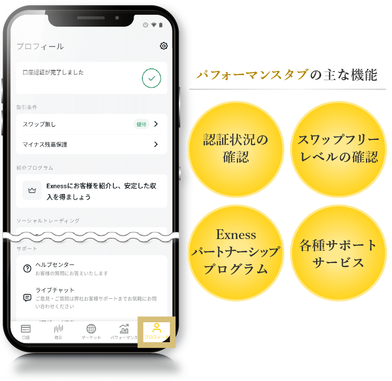 Exnessトレードアプリ「プロフィール」タブ